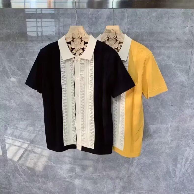 

Чоловіча смугаста футболка поло в британському стилі - З коротким рукавом, В язаний крижаний шовк, Дихаюча, Футболка з лацканом з кольоровими блоками XL жовтий
