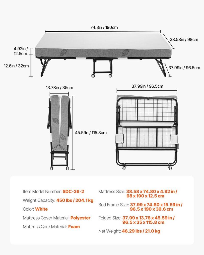 Rollaway Bed Folding Bed with 5 In Foam Mattress for Adults and Guest