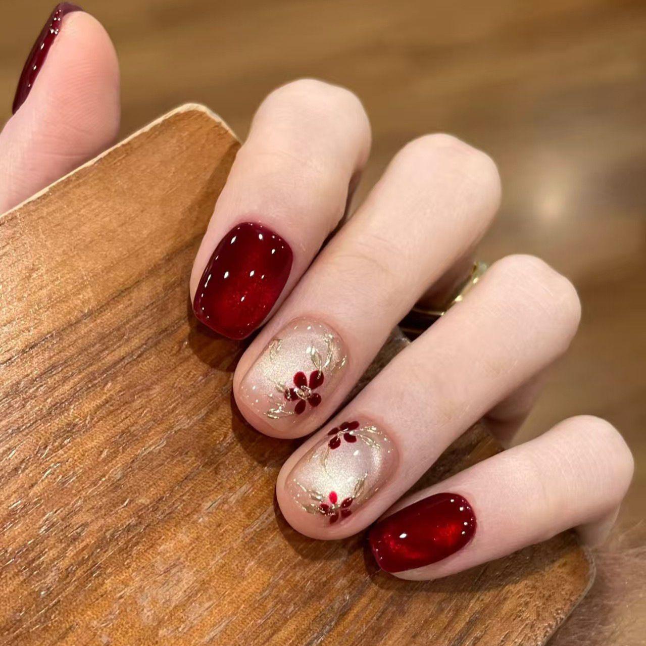 Chinese Red Floral Cat Eye Press-On Nails - Elegant Wine Red & Nude Manicure
