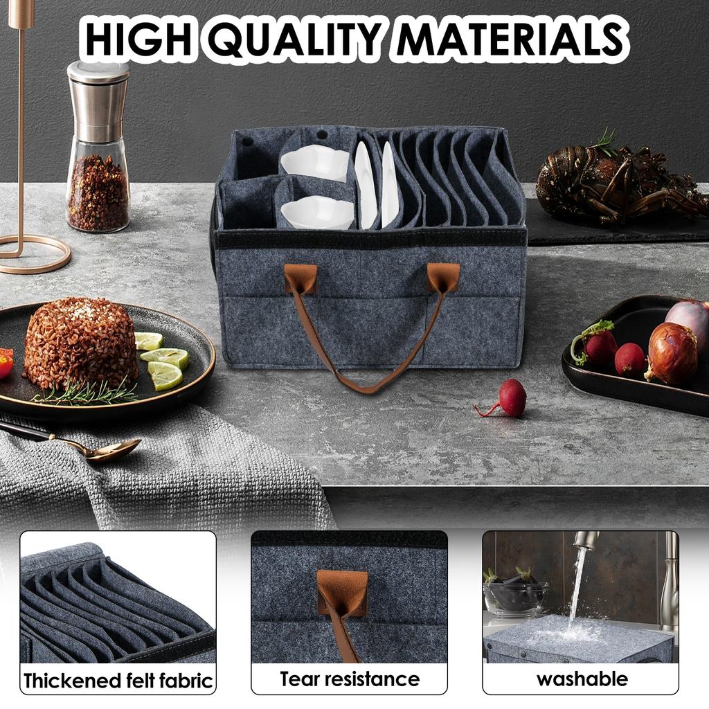 Dish Storage Container Felt Plate Storage Container with Handle Camping Dinnerware Storage Container with Removable Divider