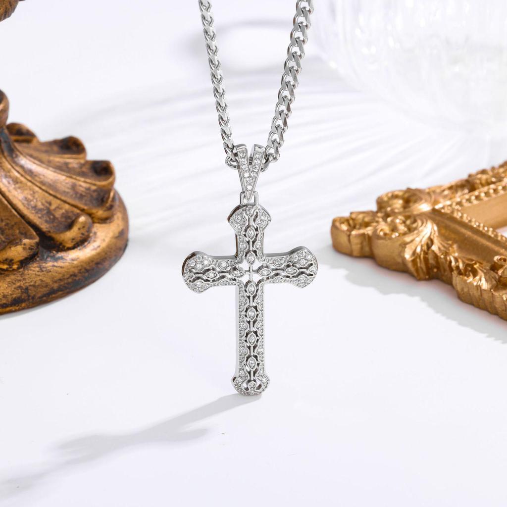 Trendy Hollow Inlaid Diamond Gold Cross Necklace, Non-Fading Titanium Steel, Unisex Hip-Hop Choker.