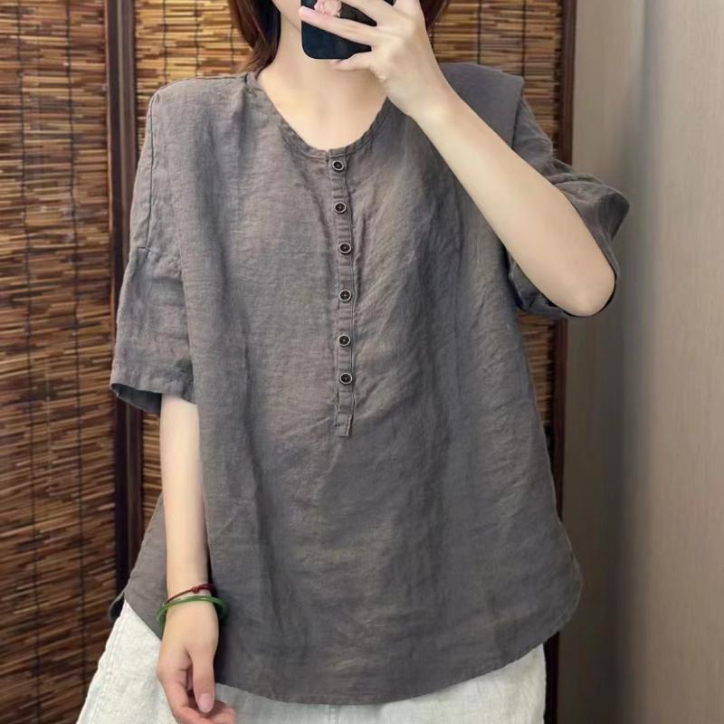 Johnature Women Vintage Solid Color T-Shirts O-Neck Half Sleeve Button Loose Summer Casual T-Shirts