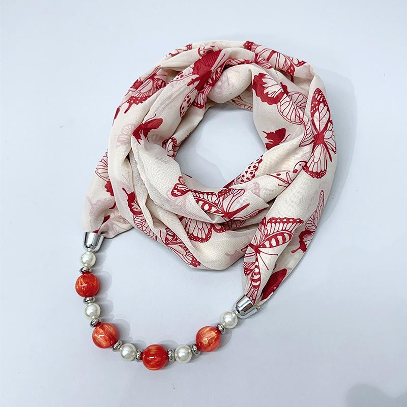 Chic Printed Scarf Necklace with Pearl and Bead Accents – Lightweight Chiffon Infinity Scarf for Women, Fashion Statement Accessory