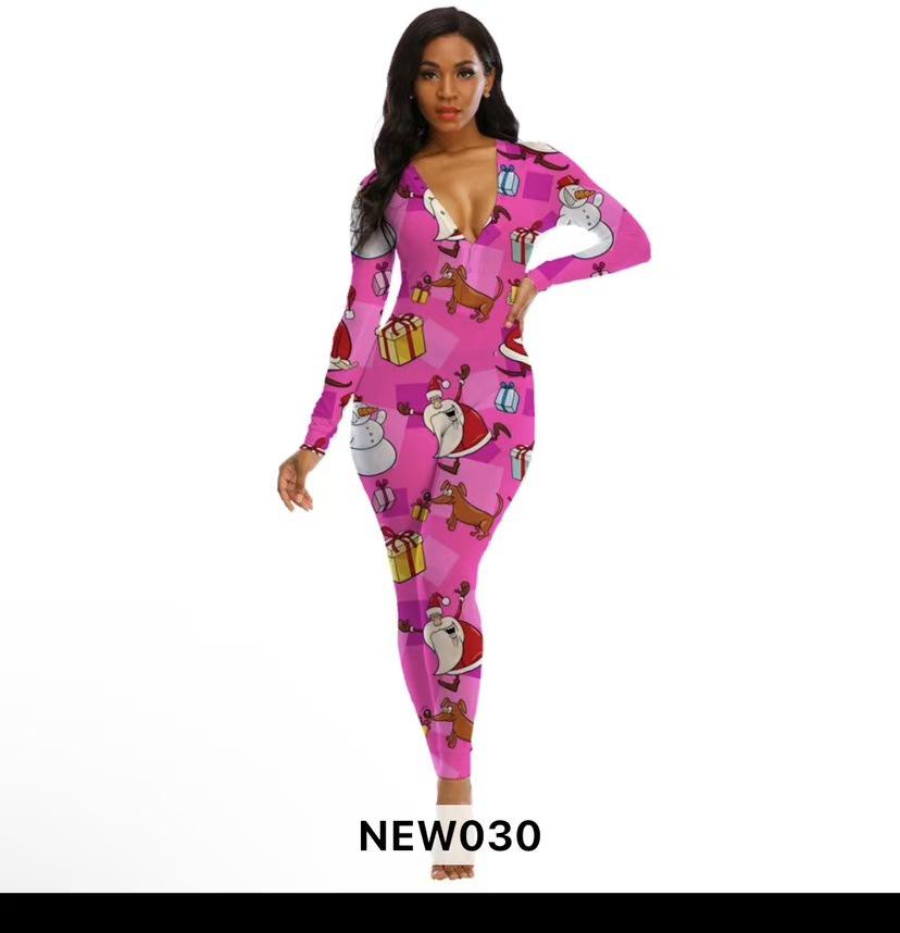 2023 Europäischer & Amerikanischer Weihnachten Langarm Knopfleiste Bedruckter Erwachsenen Jumpsuit