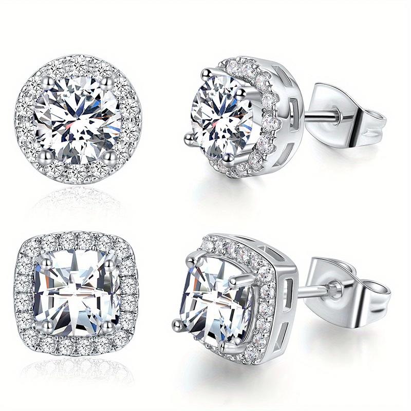 Kolip 2 Pairs 18K White Gold Plated Round Square Cubic Zirconia Simulated Diamond Halo Stud Earrings серебряный