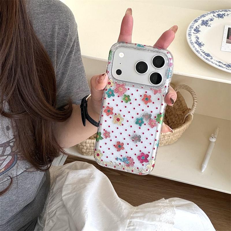 Soft Pink Flower Polka Dot Glitter Clear Case With Wrist Strap For iPhone 15 16 17 Pro Max INS Kawaii Shockproof Cover