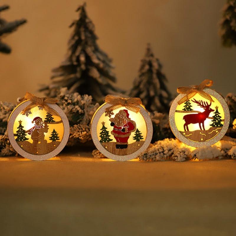 Christmas Tree Wooden Glowing Ornament Star Round Shape LED Light Decoration Luminous Santa Snowman