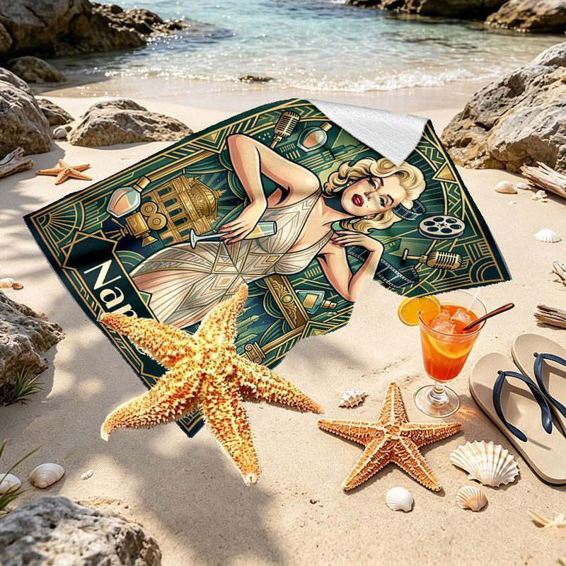 Custom Name Personalized Marilyn Monroe Print Beach Towel, for Trip Camping Beach Party Home Decor, Birthday Gift for Family & Friends