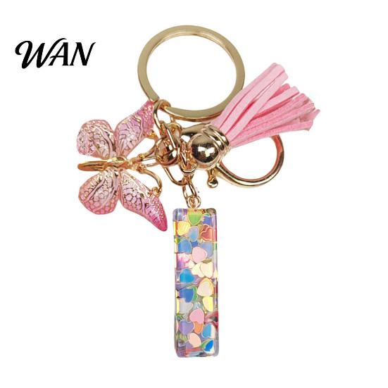 Pocket Keychain Pink Series Pendant, Sequins Heart Initial Letter Charm Key Chain with Everyday Carry Butterfly Tassel Design, A-Z Holder for