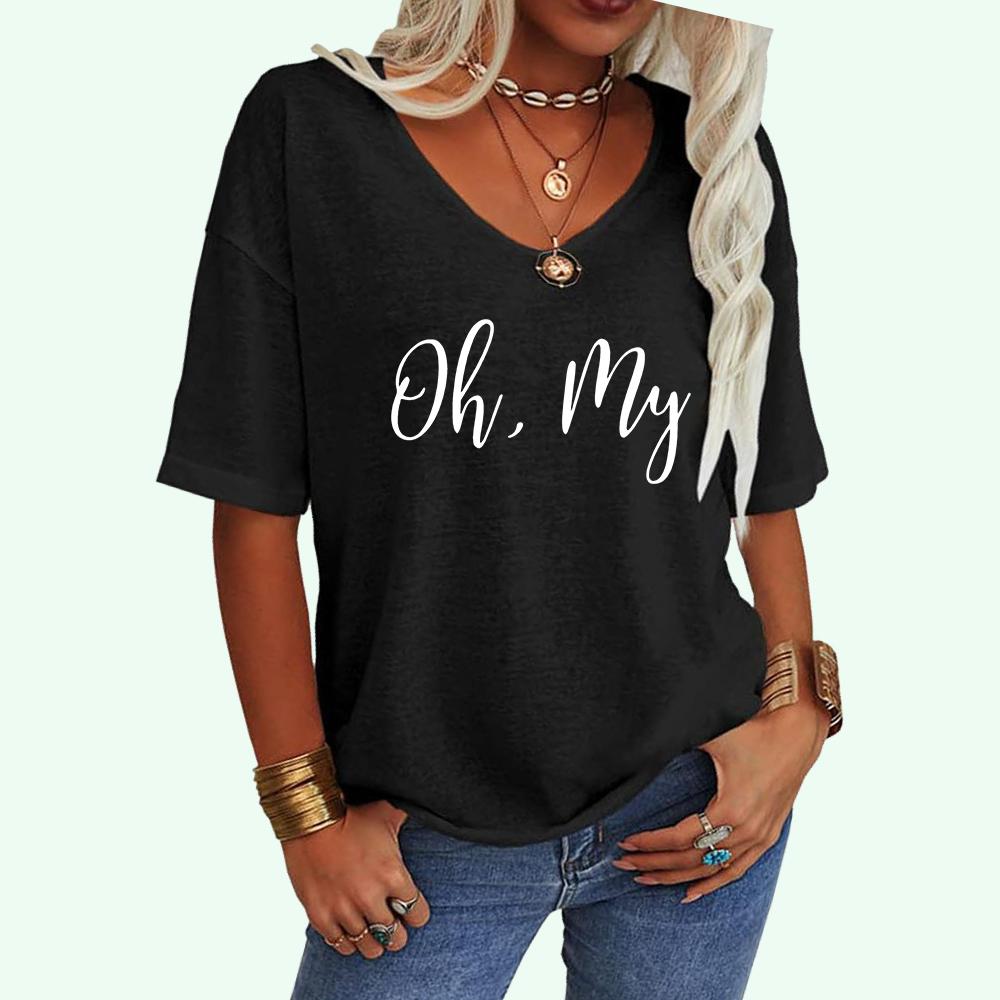 Women Fashion Letter Print Tee Shirt Summer Casual V-neck Top Loose Short Sleeve T-shirt