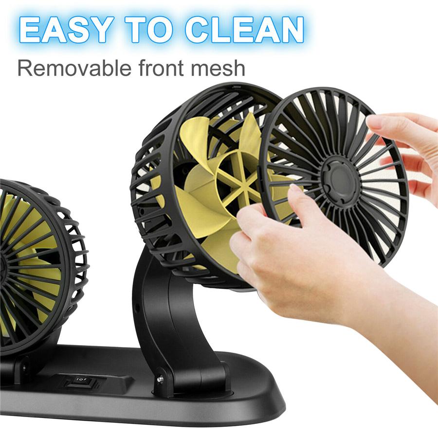 12V Black Car Folding Dual Head Fan 360° Rotatable Auto Cooler Air Fan Low Noise