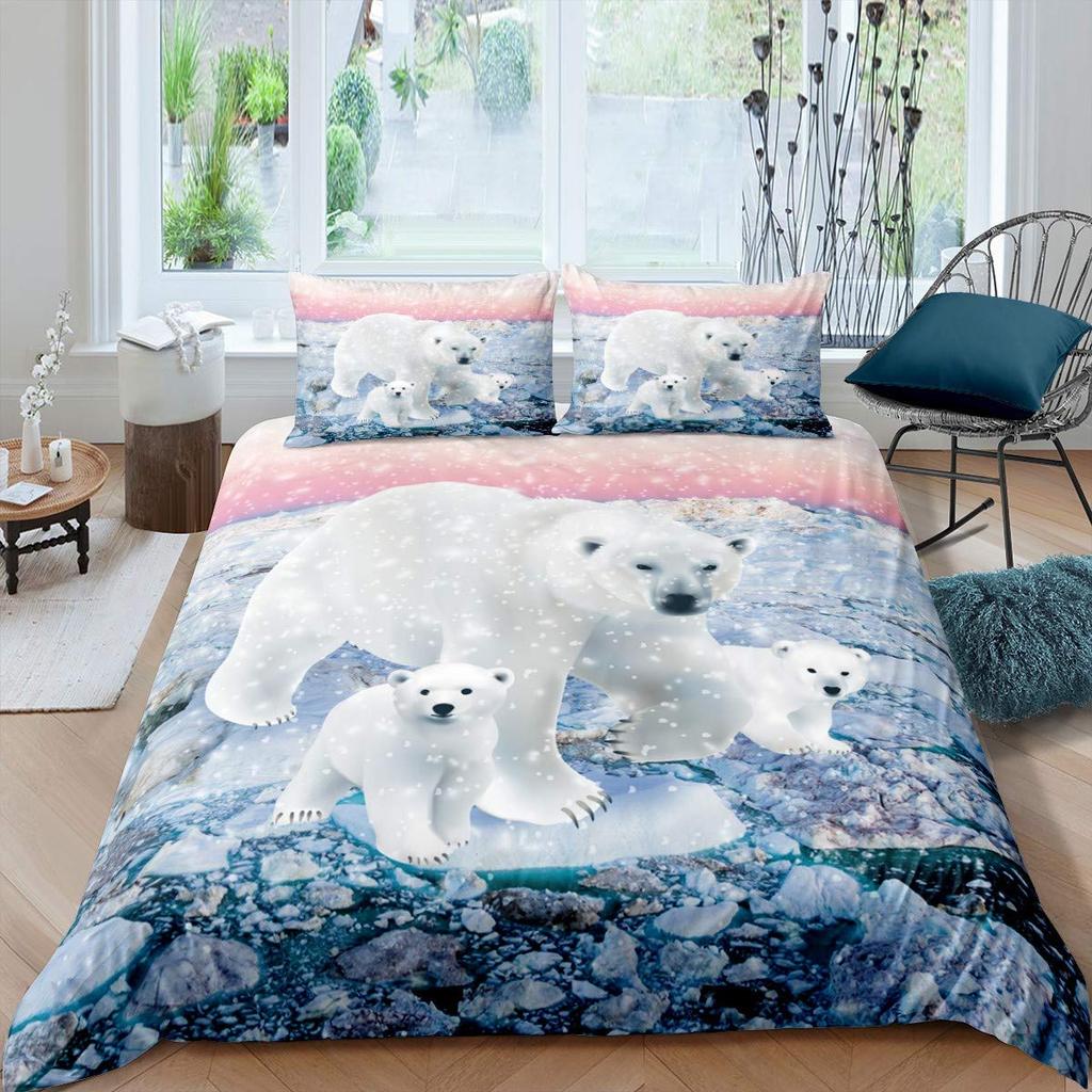 Bear Pattern Bedding Set Polar Bear Duvet Cover for Child Adult,White Bear Snow Mountain Sunset Soft Microfiber Comforter Cover