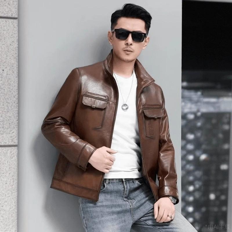 

Кожа Кожаная куртка Мужская короткая с лацканами Кожаная куртка из козьей кожи Повседневная куртка Весна Осень и Зима Кожаная куртка 5XL коричневый