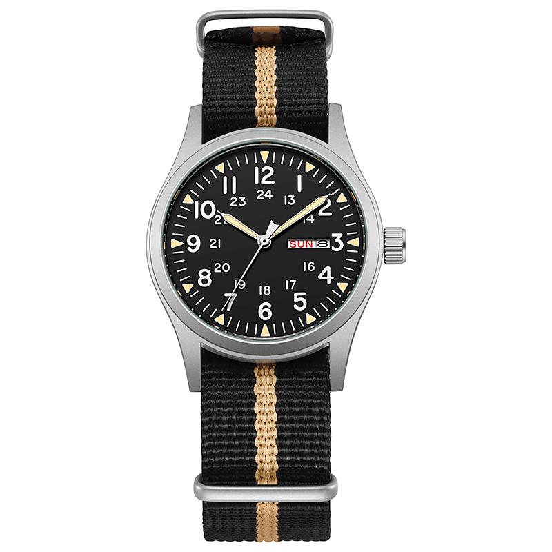 TPW Leuchtende 38mm Herren-Felduhr Leicht ablesbar Stoffarmband 24-Stunden-Anzeige Datum Wochentag Funktion Quarzwerk