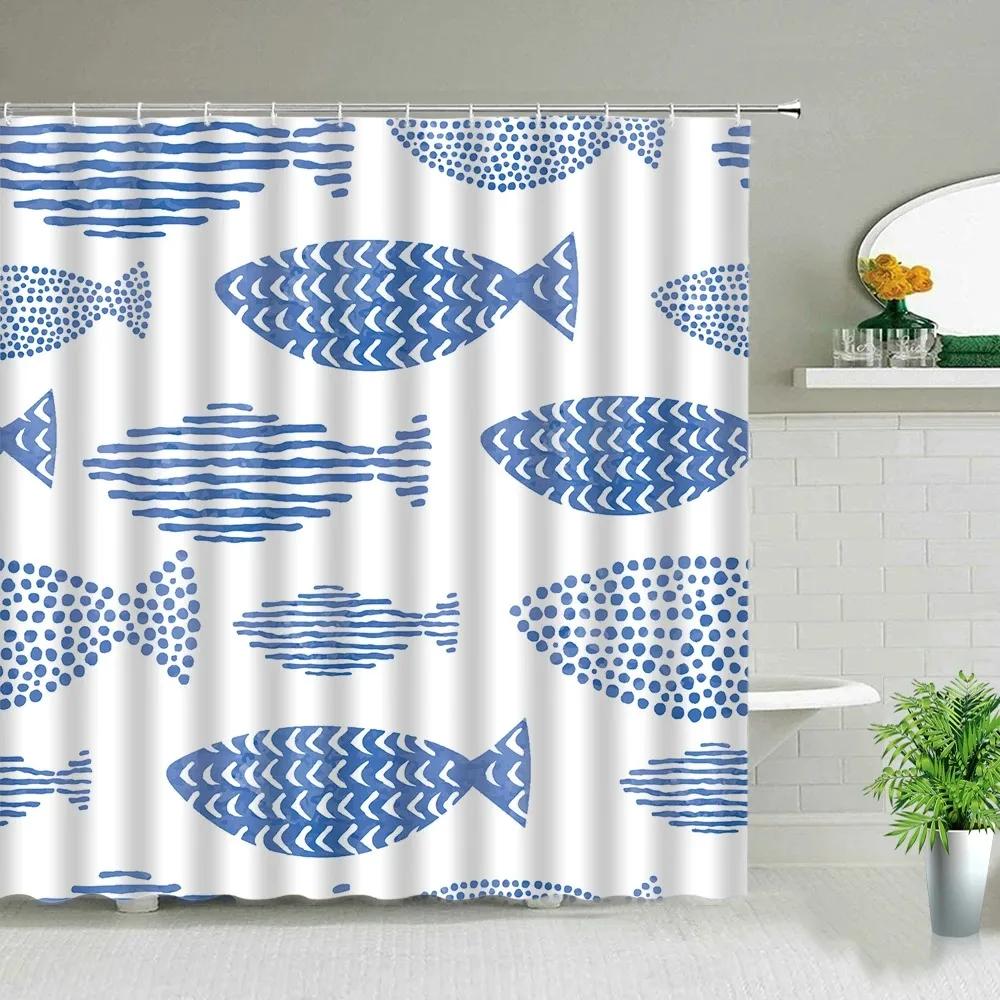 Colorful Cartoons Fish Shark Shower Curtains Ocean Life Children's Bathroom Home Decor Cloth Curtain Set Waterproof Bath Screens