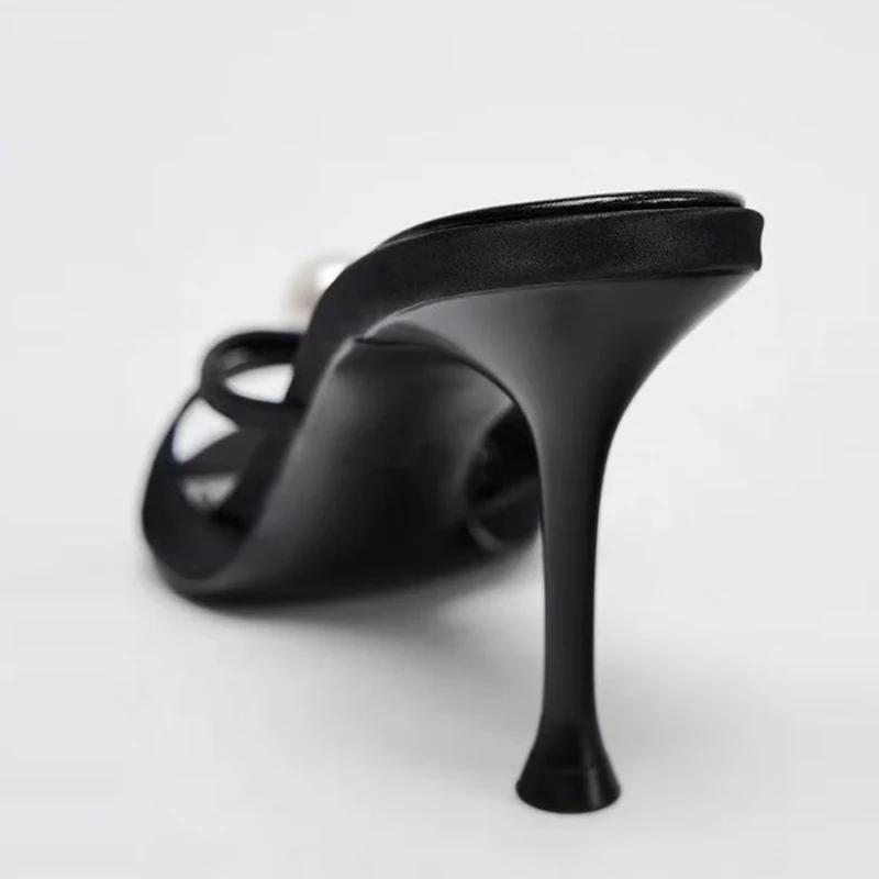 Eleganti Pantofole di Marca con Design Decorativo di Perle per Donna Moda Punta Tonda Sandali a Ciabatta con Fascia Stretta Sandali Sexy a Punta Aperta con Tacco Alto