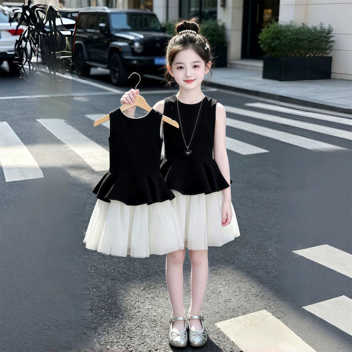 Girls Summer Elegant Korean French Mesh Princess Dress - Simple Two-Piece Style 130 cm
