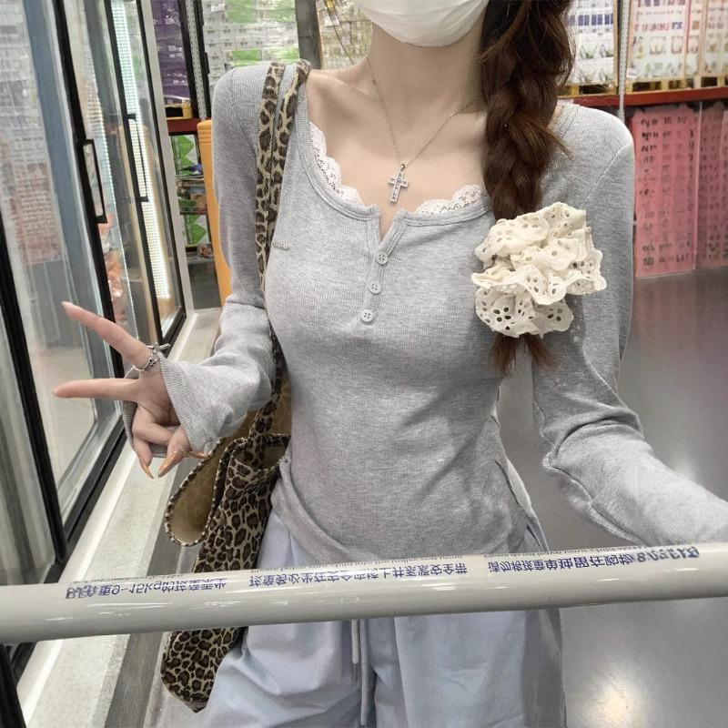 Lace Splicing Fake Two-piece Shirt Women's Top Spring Slim-fitting Pure Half-open Neck Long-sleeved Inner Bottoming Shirt