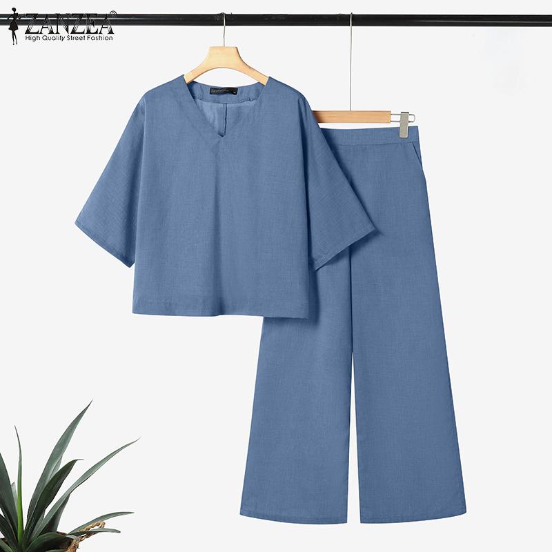 

ZANZEA Women Half Sleeve Blouse and Pants Summer Two Piece Suit Sets S фиолетовый
