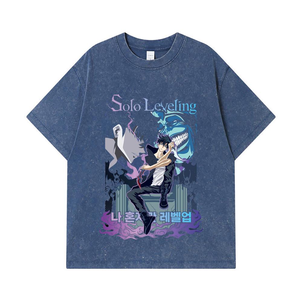 

275 GSM Washed T-shirts 100% Cotton Solo Leveling V6 Print Unisex Heavy Cotton T Shirt 2XL королівський синій колір