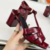 Fashion Cross Strap Square Toe Chunky Heel Women Sandals Solid Color Open Toe Real Patent Leather 6.5Cm Heels 2025 Newest Summer Sandals