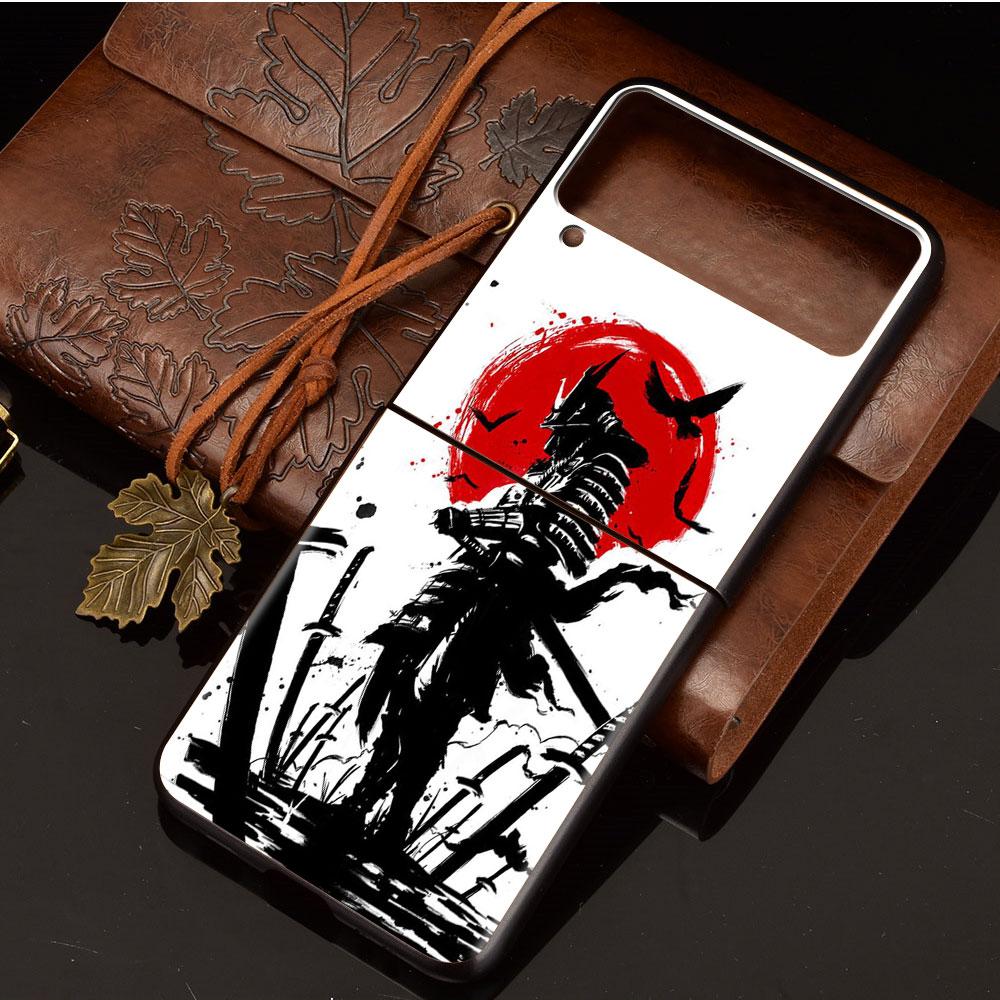 Case For Samsung Galaxy Z Flip 3 4 5G Black Hard PC Phone Housing Z Flip4 Segmented Cover Landscape Ink Painting Japan Samurai