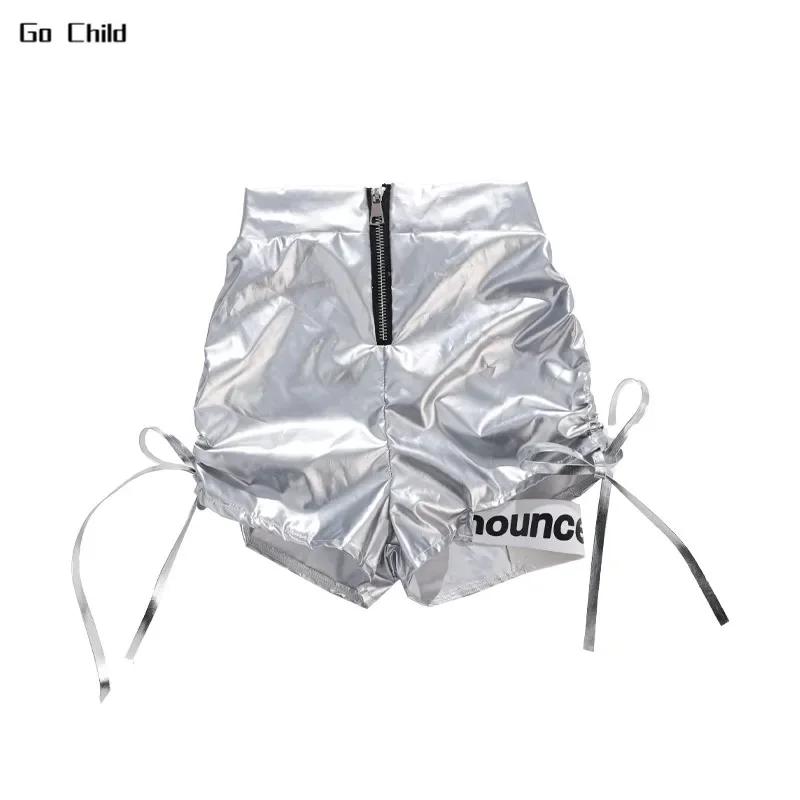 Girls K-pop Silver Crop Hoodies Shiny Cargo Pants Street Dance Shorts Kids Hip Hop Streetwear Children Jazz Hi Tech Clothes Sets