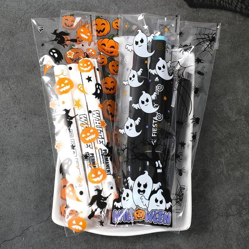50/100Pcs Halloween Self Adhesive Bags Pumpkin Ghost Printed Clear Packaging Bags For Candy Biscuits Baking Food Wrapper