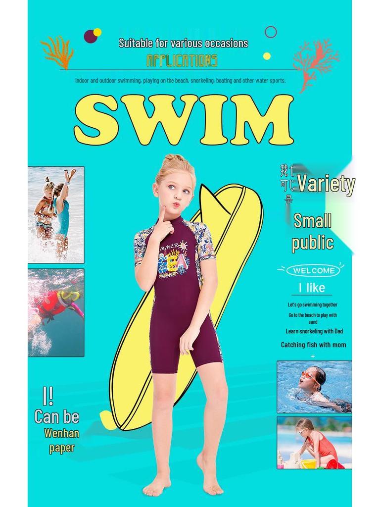 Einteiliger Sonnenschutz-Badeanzug für Mädchen mit kurzen Ärmeln, schnelltrocknend für Schnorcheln, heiße Quellen und Schwimmtraining.