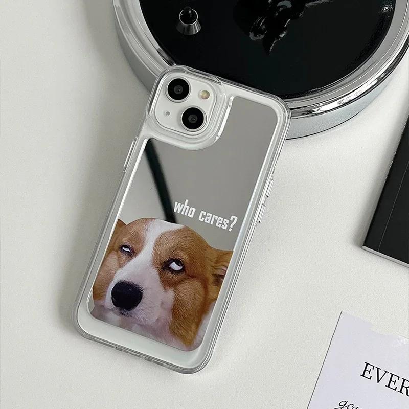 

Cute Cat Dog Electroplated Mirror Surface Phone Case For iPhone 16 Pro Max 15 14 13 12 11 Pro Max Makeup Mirror Funny Cat Cover For iPhone 14 Pro