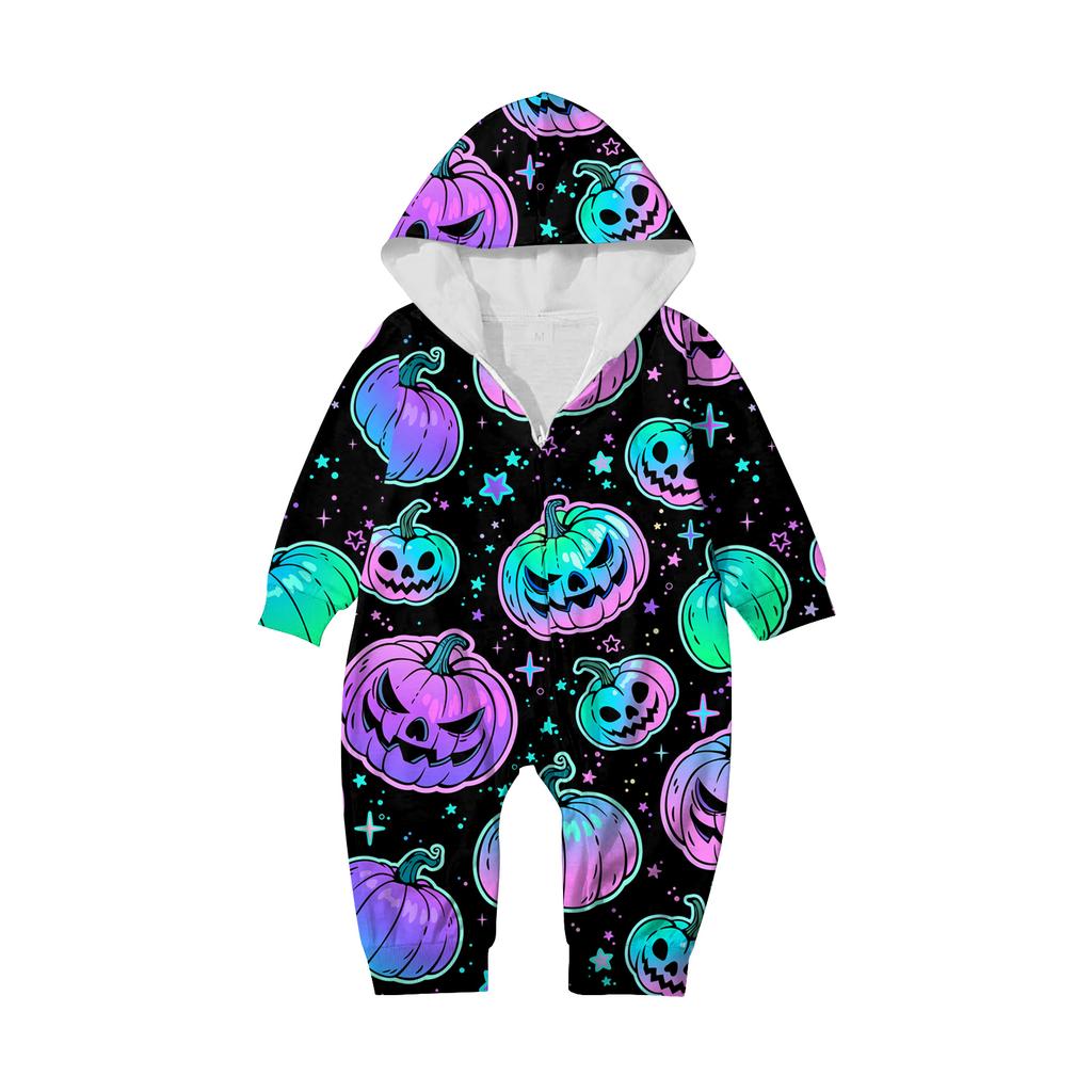 Halloween Printed Family Matching Hooded Long Sleeved Zippered Hooded  Jumpsuit Set