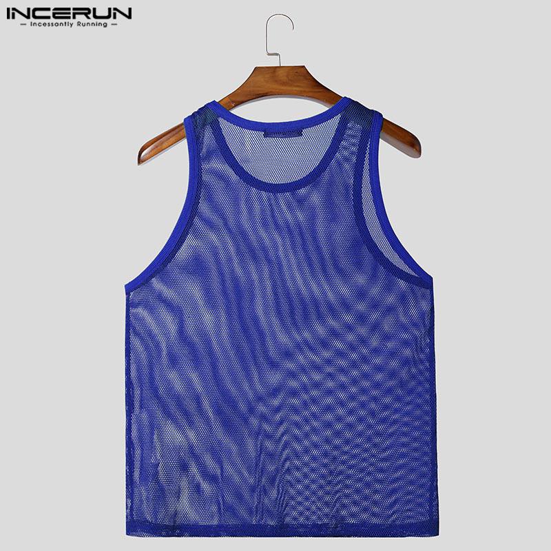 INCERUN Men Round Neck Sleeveless Mesh Sheer See Through Party Tank Tops T-shirts