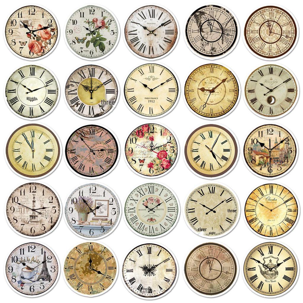 50PCS Vintage Clock Stickers: Retro & Waterproof for Creative DIY Journaling and Notebooks