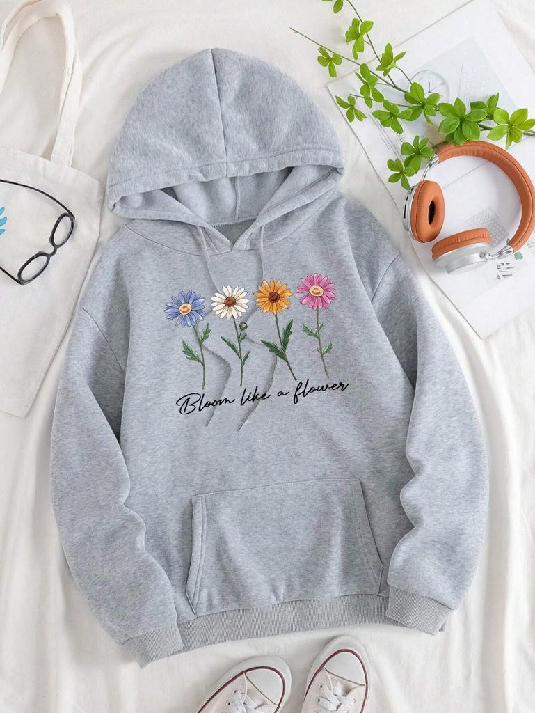 Bloom Like A Flower Pattern Women Hoody Loose Y2K Casual Sportswear Fleece Pocket Hoodie Autumn All-Match Woman Clothing