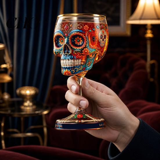 Sugar Skull Wine Glass Gothic Glass, Hand Painted Skeleton Goblet, Day Luxury Decorative Drinking of The Dead Decor, Unique Bar Gift for Halloween