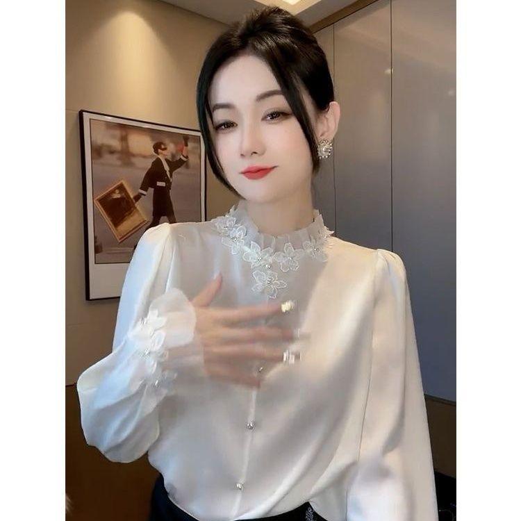 Elegant Mesh Half High Neck Blouse Women Spring Fashion Long Sleeve Shirt White Top Lady Style