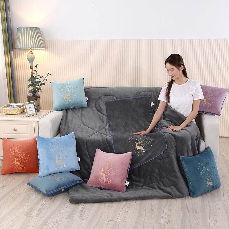 Dual-Use Pillow & Blanket: Crystal Velvet Embroidered Cushion for Car & Office Naps