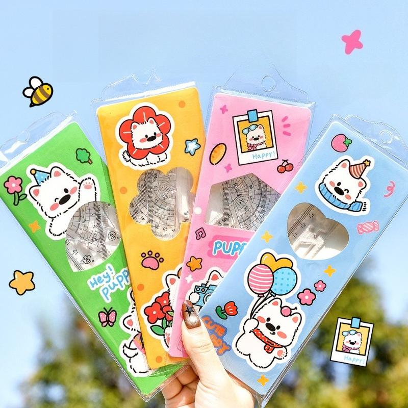 Office School Supplies Ins Cute West Highland Ruler Set Student Cartoon Triangle Four Piece Kawai Stationery Prizes Lovely Gift