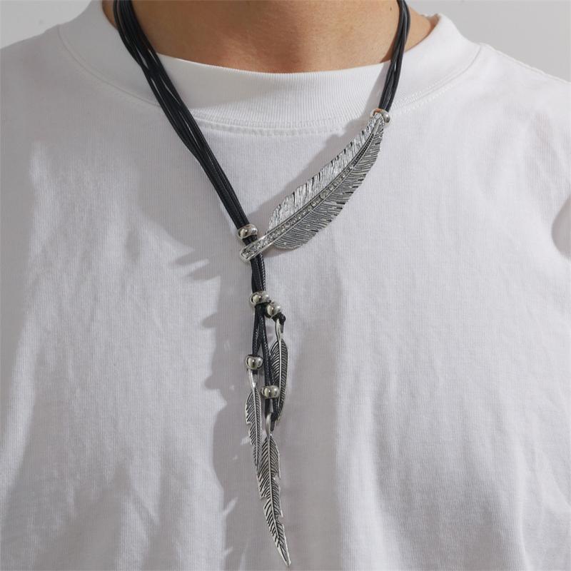 Trend Fine Jewelry Neck Pendants Bohemian Style Rope Chain Leaf Feather Pattern Pendant For Women Men Retro Party Necklaces