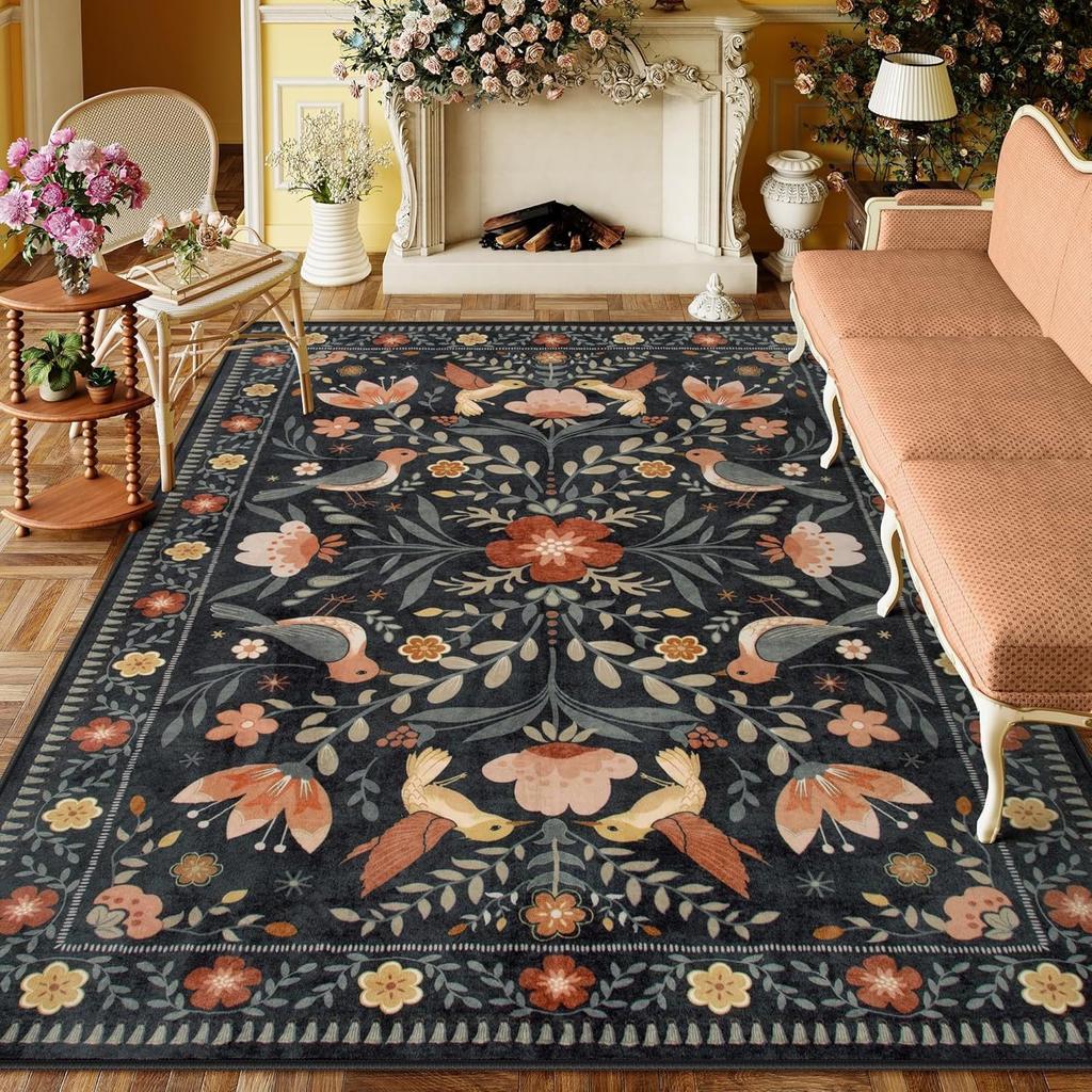American Pastoral Style Flora Fauna Print Rugs Carpet for Living Room Bedroom Decor Home Anti-slip Large Area Carpets Doormat