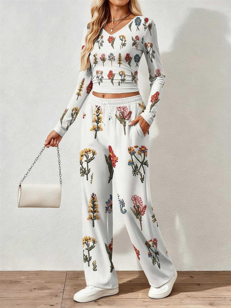 Spring and Autumn Ladies V-Neck Long Sleeve Pants Set Comfortable Casual Versatile Slim Two-piece Set