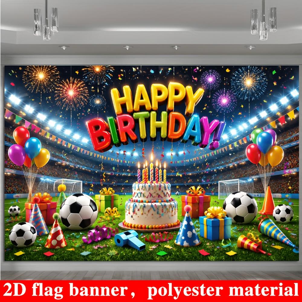 Soccer Birthday Party Backdrop Banner, Soccer Field Fireworks Balloons Cake Gifts Happy Birthday, Polyester Indoor Outdoor Photo Background