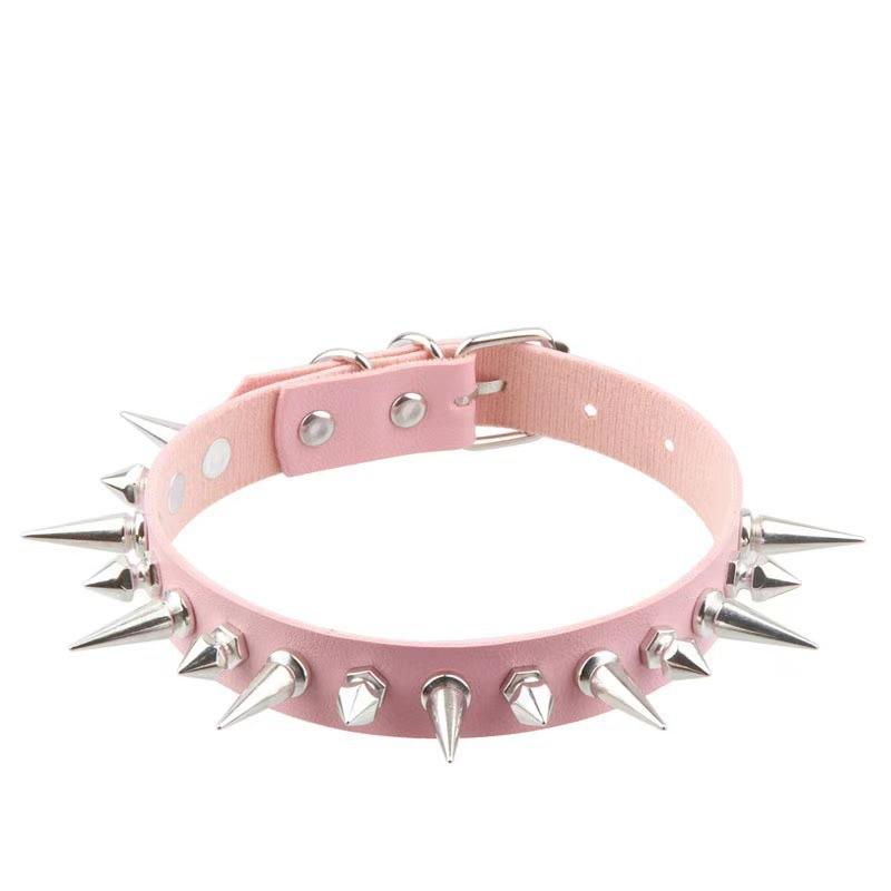 Long Spike Choker Punk Faux Leather Collar  Goth Style Necklace Accessories