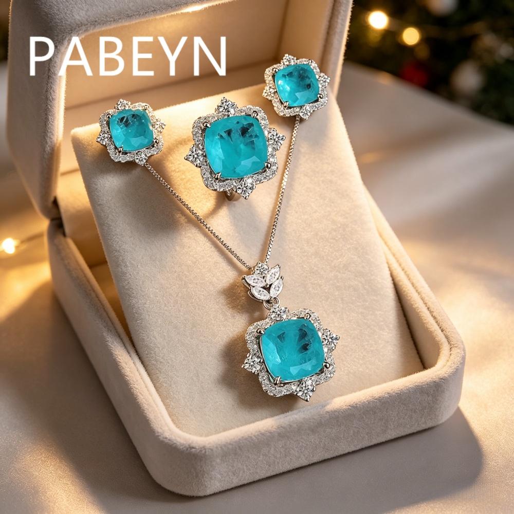 925 Sterling Silver Fashion Luxury Sea Blue Zircon Ring Earrings Necklace Set Birthday Party Anniversary Gift