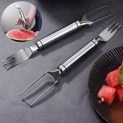 Watermelon Fork Slicer 2-in-1 Cutting Tool Reusable Professional Manual Slicing Stainless Steel Quickly Safe Melon Fruit Cutter Slicer Kitchen Gadget