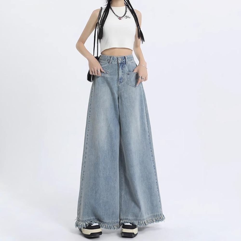 Rough edge wide leg jeans women's spring and autumn new design high waist loose drape versatile floor mopping jeans