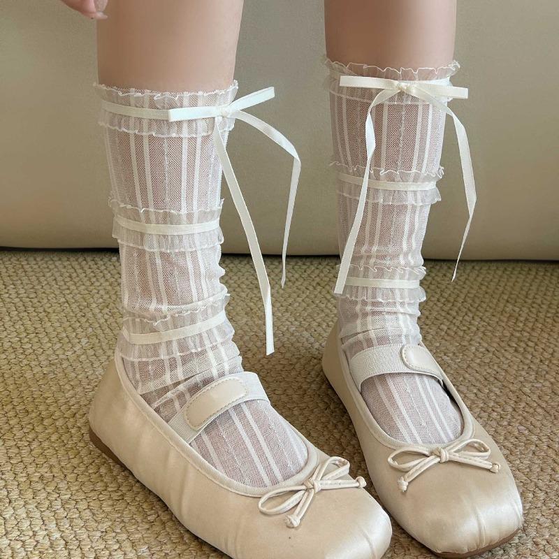 Spring and Summer Lightweight Socks - Children's Lace Mesh Stockings with Bow Ties - Long Stockings with Half-length Coverage