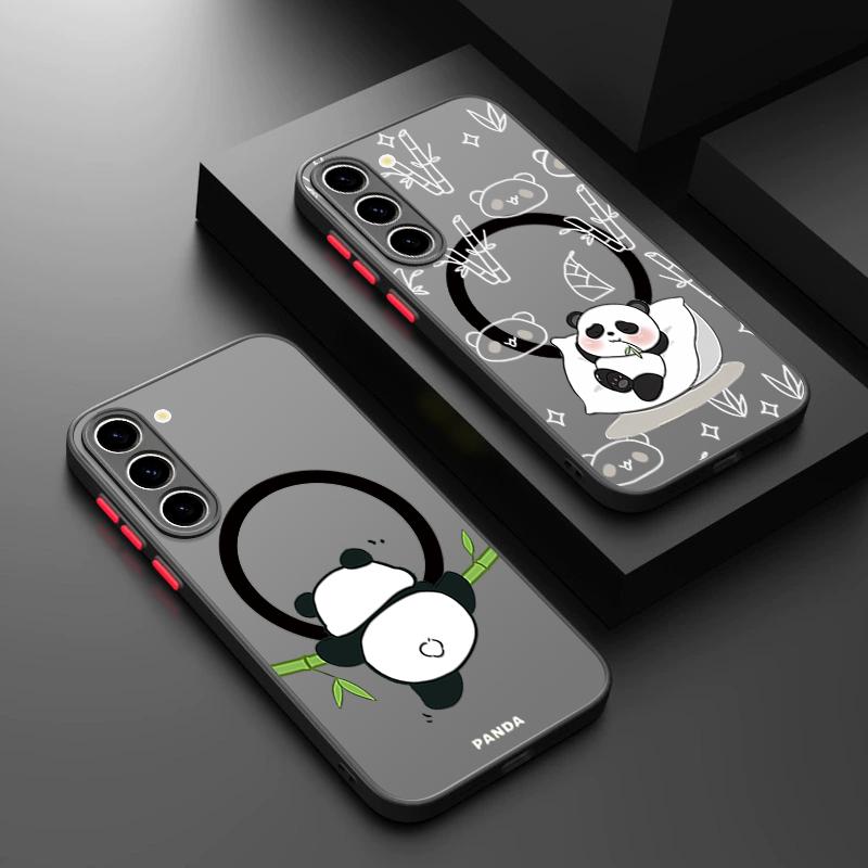 Cute Panda Pattern Magnetic Phone Case For Samsung Galaxy A37 A17 A56 A36 A55 A35 A26 A16 A25 A15 A54 A14 A34 Acrylic Back Cover