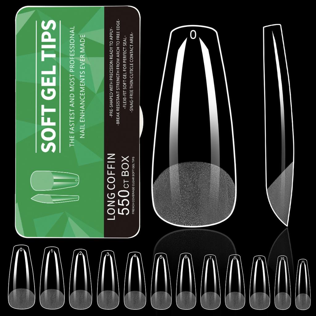 550PCS Clear Gel Nail Tips Full Cover Soft Acrylic Press On Extensions Professional Manicure for Salon and Home Use