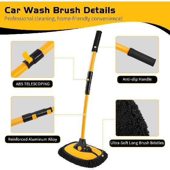 Ordenado 15°Curved Car Wash Brush With Long Handle, 43" Car Cleaning Brush With Extension Pole, Microfiber RV Wash Mop Scratch-Free, Exterior Washer